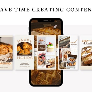 May include: A collage of images promoting a bakery. The images feature various pastries, including croissants, cupcakes, and eclairs. The text on the images includes "Happy Hours", "Best Dessert", "Good Morning!" and "Great Taste & Quality".