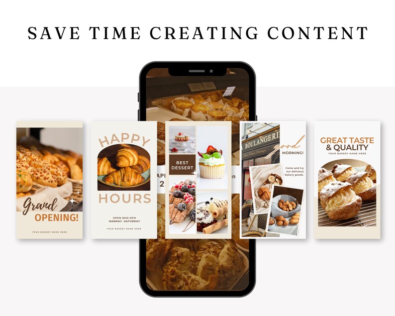 May include: A collage of images promoting a bakery. The images feature various pastries, including croissants, cupcakes, and eclairs. The text on the images includes "Happy Hours", "Best Dessert", "Good Morning!" and "Great Taste & Quality".