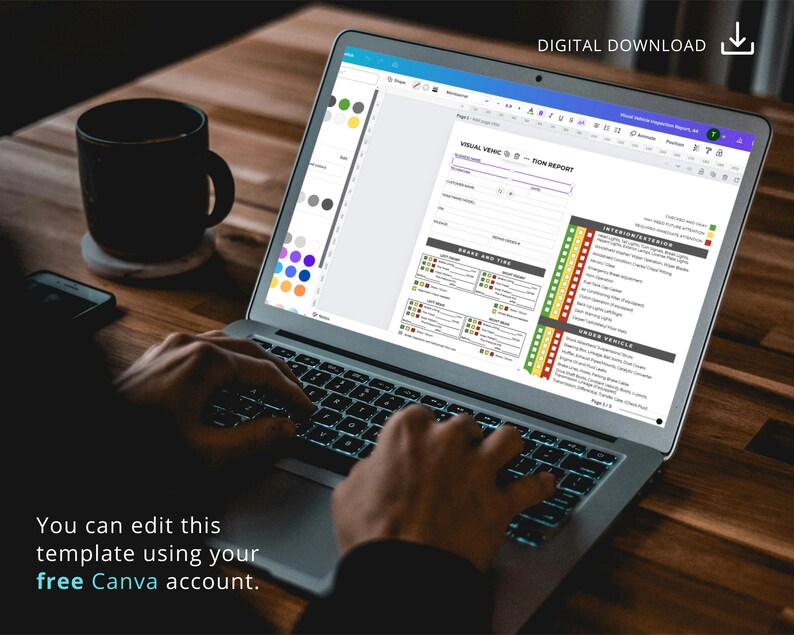 May include: A laptop computer displaying a visual vehicle inspection report template on the screen. The template includes sections for interior, exterior, brakes and tires, and under vehicle inspections. The template is designed to be used with a free Canva account.
