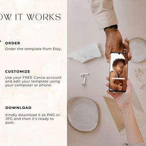 May include: Image showing the steps to use a template from Etsy. The steps are: Order, Customize, and Download. A smartphone displays a baby. The image also includes a pair of white earbuds and decorative plates.