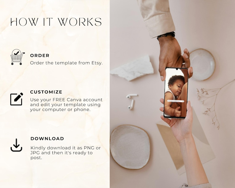 May include: Image showing the steps to use a template from Etsy. The steps are: Order, Customize, and Download. A smartphone displays a baby. The image also includes a pair of white earbuds and decorative plates.