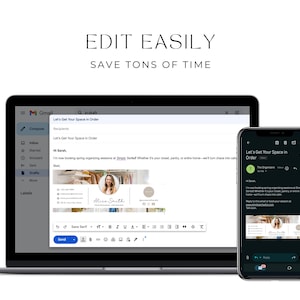 Op de afbeelding: Een screenshot van een laptop en een mobiele telefoon die een e-mail met een professionele e-mailhandtekening tonen. De e-mailhandtekening bevat een foto van een vrouw, haar naam en de tekst "Let's Get Your Space in Order".