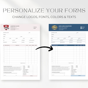 May include: Two customizable automotive repair estimate forms. The form on the left has a red and white logo with a car and the text "COMPANY NAME". The form on the right has a blue and gold logo with a car and the text "AUTO CARE CHAMPIONS". Both forms have a grid for listing repair details and subtotals.