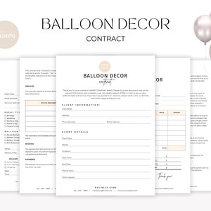 Modello di contratto per artista di palloncini, contratto aziendale per decorazione di palloncini, contratto per stilista di palloncini modificabile e stampabile, modulo d'ordine/fattura CANVA