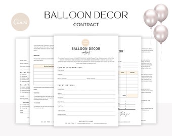 May include: A white and beige contract template for balloon decor services. The contract includes sections for client information, event details, services, and pricing. The document has the title "Balloon Decor Contract" at the top.