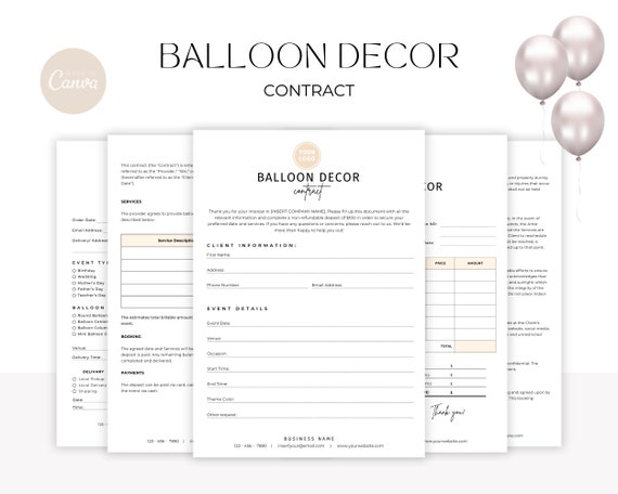 Balloon Artist Contract Template, Balloon Decor Business Contract, Editable & Printable Balloon Stylist Agreement, Order Form/Invoice CANVA
