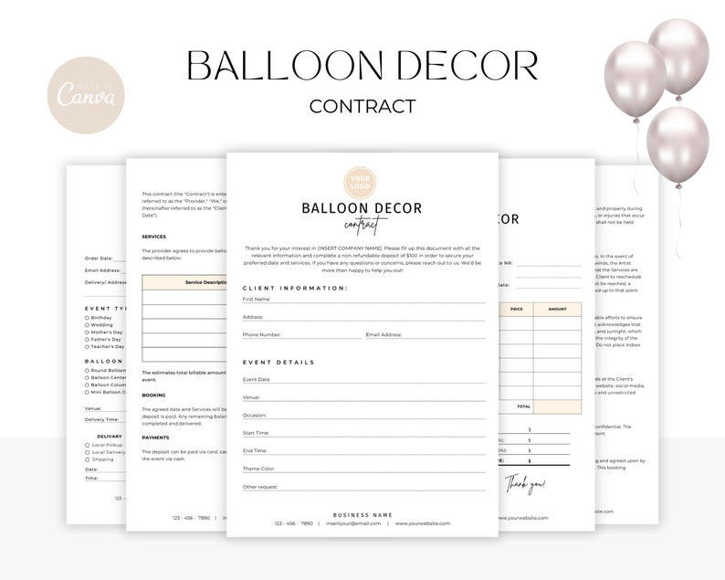 May include: A white and beige contract template for balloon decor services. The contract includes sections for client information, event details, services, and pricing. The document has the title "Balloon Decor Contract" at the top.