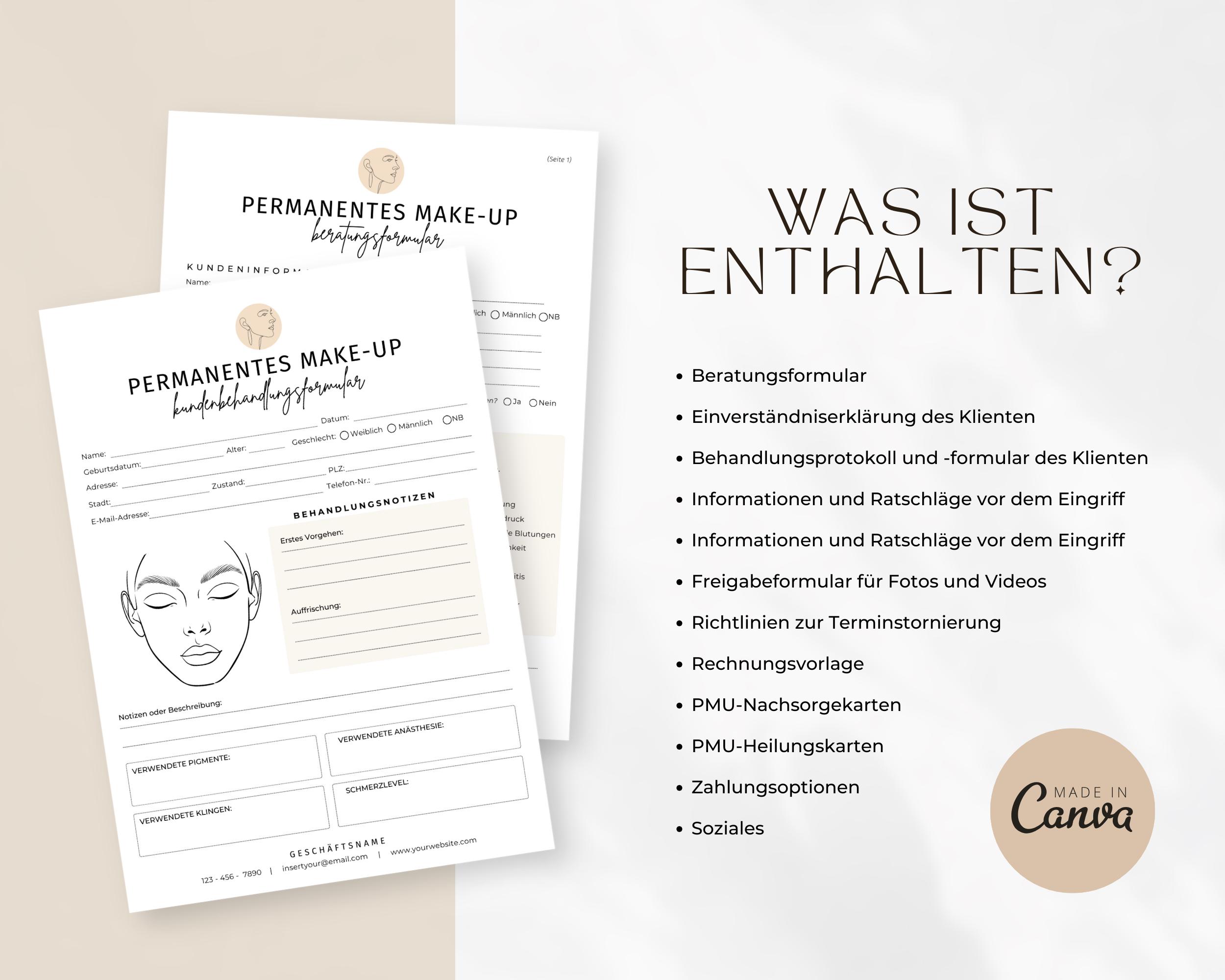 GERMAN Permanent Makeup Forms, Editable PMU Consent Form Template ...