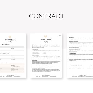 May include: A printable puppy sale contract template with sections for seller and buyer information, puppy information, purchase price, health guarantee, vaccination records, and return policy. The contract includes a heart logo and the text "Puppy Sale Contract".