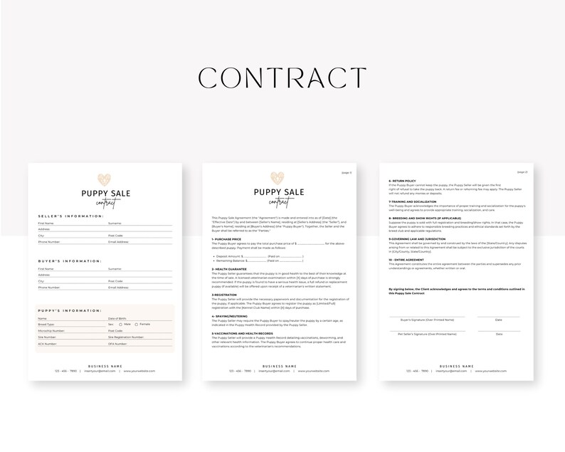 May include: A printable puppy sale contract template with sections for seller and buyer information, puppy information, purchase price, health guarantee, vaccination records, and return policy. The contract includes a heart logo and the text "Puppy Sale Contract".