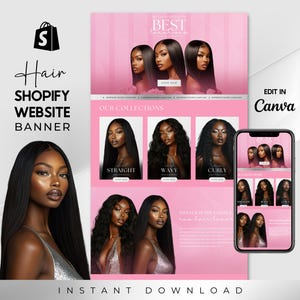Pink Hair Shopify Website Banner Template, Hair Banner Design Template, Shopify Luxury Hair Design, Premade Shopify Hair Banner, Canva