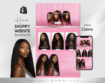 Plantilla de banner para sitio web de Shopify con cabello rosa, plantilla de diseño de banner para cabello, diseño de cabello de lujo para Shopify, banner prediseñado para cabello para Shopify, Canva