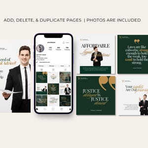 May include: A digital marketing template set for a law firm, featuring a smartphone mockup and several square social media posts. The posts have a dark green and gold color scheme with text like "Affordable Legal Solutions".