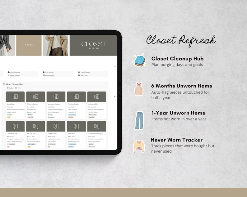 May include: A digital tablet shows a closet organization app with the text "Closet Refresh." The app includes features for planning, tracking unworn items, and managing a wardrobe. Icons illustrate the app's features.