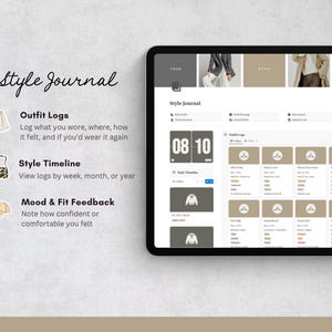 May include: A digital tablet showing a "Style Journal" app interface. The app includes sections for outfit logs, style timelines, and mood & fit feedback. The screen displays a calendar and outfit entries.