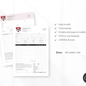 May include: A printable automotive repair order form template with a red and white logo featuring a car. The form includes sections for customer details, vehicle information, repair details, and a total cost. The text "Easy to edit", "Time-saving", "Simple and easy to modify", "Print or use Digitally", and "Lifetime Access" is listed in a checkmark list. The text "Sizes: US Letter | A4" is also included.