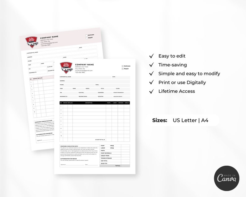 May include: A printable automotive repair order form template with a red and white logo featuring a car. The form includes sections for customer details, vehicle information, repair details, and a total cost. The text "Easy to edit", "Time-saving", "Simple and easy to modify", "Print or use Digitally", and "Lifetime Access" is listed in a checkmark list. The text "Sizes: US Letter | A4" is also included.