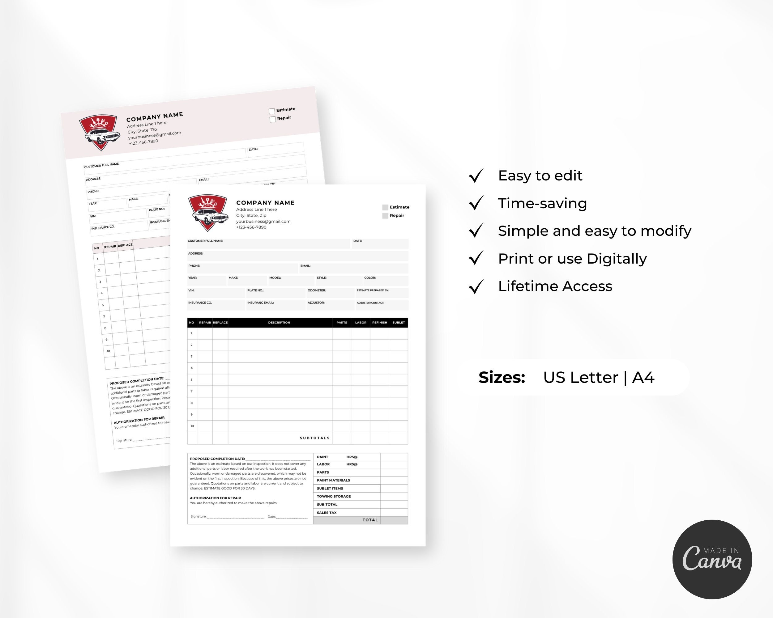 Editable Auto Body Repair Estimate Template, Auto Repair Estimate