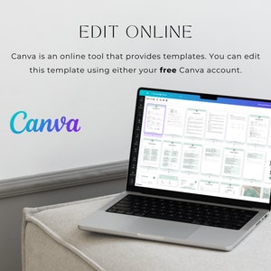 May include: A laptop computer with a white background. The screen displays the Canva website with a variety of templates. The text "EDIT ONLINE" is displayed above the laptop. The text "Canva is an online tool that provides templates. You can edit this template using either your free Canva account." is displayed below the laptop. The text "Canva" is displayed in a large, colorful font on the left side of the image.