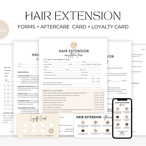 Hair Extension Forms, Hair Consultation, Hair Agreement, Hair Extensions Aftercare Card, Hairdressing Forms, Hairstylist Forms, Salon Forms