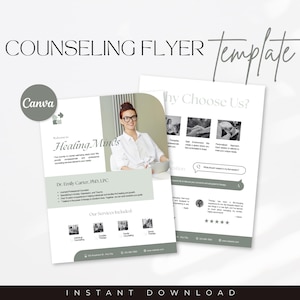 Può includere: Un modello di volantino per il counseling con uno schema di colori verde e bianco. Il volantino presenta una foto di una donna sorridente e una sezione intitolata "Perché scegliere noi?" con punti elenco che descrivono i servizi offerti. Il testo "Healing Minds" è in evidenza in un grande carattere nella parte superiore del volantino.