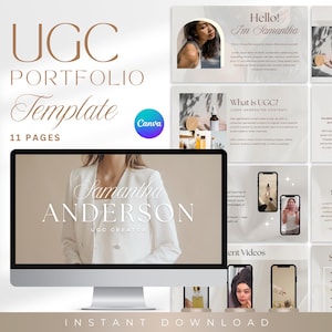 Peut inclure: Un modèle de présentation Canva pour un portfolio UGC. Le modèle présente un fond beige clair avec un design minimaliste. La diapositive de titre présente le texte "Modèle de portfolio UGC" en police brune. Le modèle comprend 11 pages et est conçu pour être utilisé avec Canva.