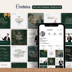May include: A digital product showcasing 100 Instagram templates for law firms. The templates feature quotes, images, and text in a dark green and gold color scheme. A smartphone displays a sample Instagram profile. The words "Instant Download" are at the bottom.