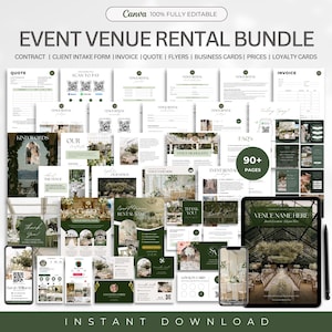 Paquete de plantillas para alquiler de espacios para eventos, contrato, formulario de admisión de clientes, factura, cotización, folletos, tarjetas de presentación, precios, tarjetas de fidelidad, Canva