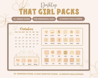 May include: A digital desktop organization kit titled Desktop THAT GIRL PACKS featuring 45 icons for Windows and Mac, 12 month wallpapers, and a calendar for October. The design uses a beige and brown color palette with line art butterfly graphics.