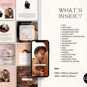 May include: A digital marketing graphic with a soft pink and beige color scheme. The image includes a smartphone displaying a baby, along with text and icons. The text includes "What's Inside?" and a list of topics. The Canva logo is in the bottom right.