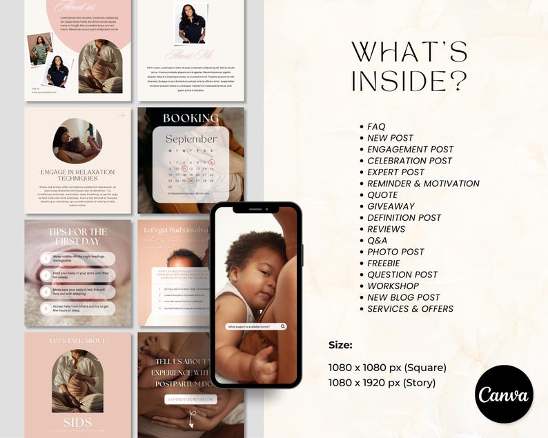May include: A digital marketing graphic with a soft pink and beige color scheme. The image includes a smartphone displaying a baby, along with text and icons. The text includes "What's Inside?" and a list of topics. The Canva logo is in the bottom right.