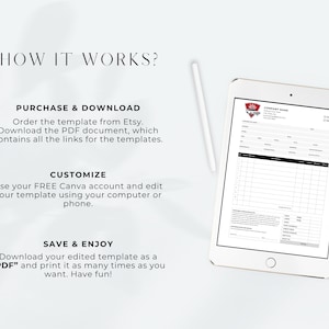 May include: A white tablet with a black and white invoice template on the screen. The template includes a company name, logo, and fields for customer information, items, and totals. The text "HOW IT WORKS?" is visible in the top left corner of the image.