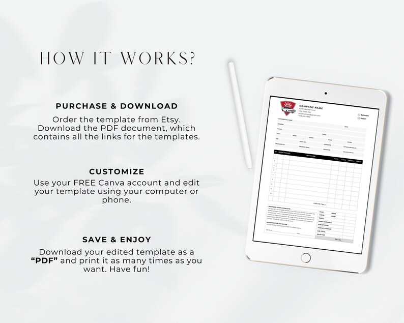 May include: A white tablet with a black and white invoice template on the screen. The template includes a company name, logo, and fields for customer information, items, and totals. The text "HOW IT WORKS?" is visible in the top left corner of the image.