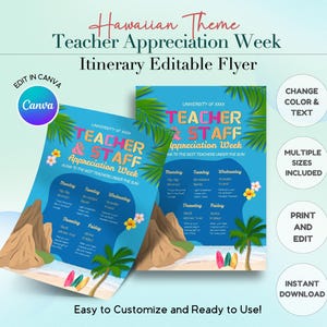 Hawaiian Theme Teacher and Staff Appreciation Week Flyer, Teacher Appreciation Week Celebration, School Itinerary, Teacher, Staff, School,