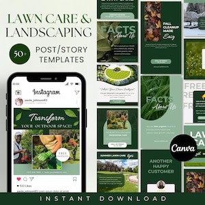 Könnte beinhalten: Eine Sammlung von über 50 Instagram-Post- und Story-Vorlagen für Rasenpflege- und Landschaftsbauunternehmen. Die Vorlagen zeichnen sich durch grüne und weiße Farbschemata mit Bildern von üppigen grünen Rasenflächen, Landschaftsdesigns und Herbstlaub aus. Der Text auf den Vorlagen enthält Sätze wie "Verwandeln Sie Ihren Außenbereich!" und "Fakten über uns".