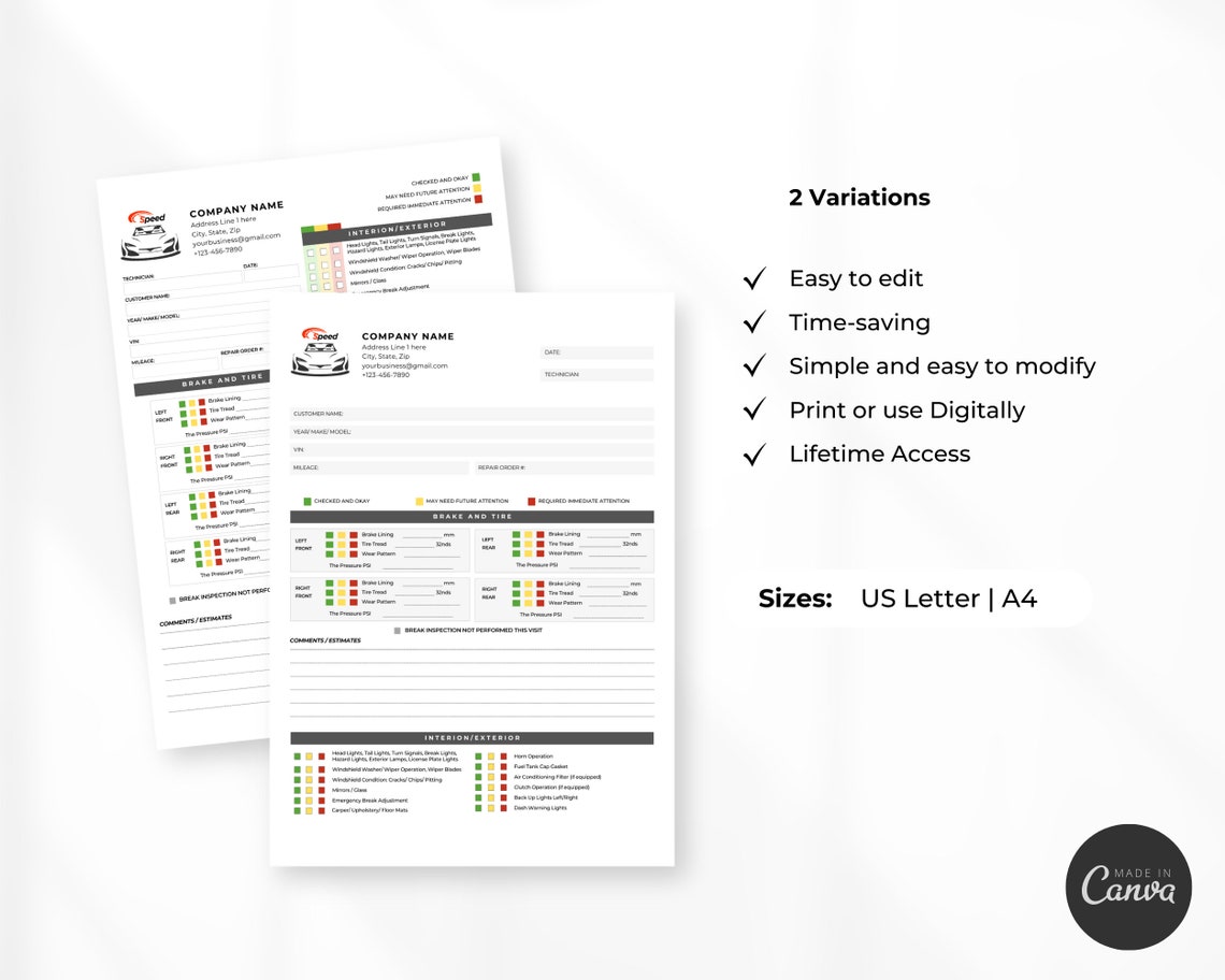 Printable Vehicle Inspection Report, CANVA Template Editable Car or ...