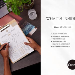 May include: A clipboard with a "Personal Treatment" form on it. The form includes sections for client information, suggested treatments, treatment goals, treatment record, follow-up appointment, and recommended products. The clipboard is on a dark brown surface.