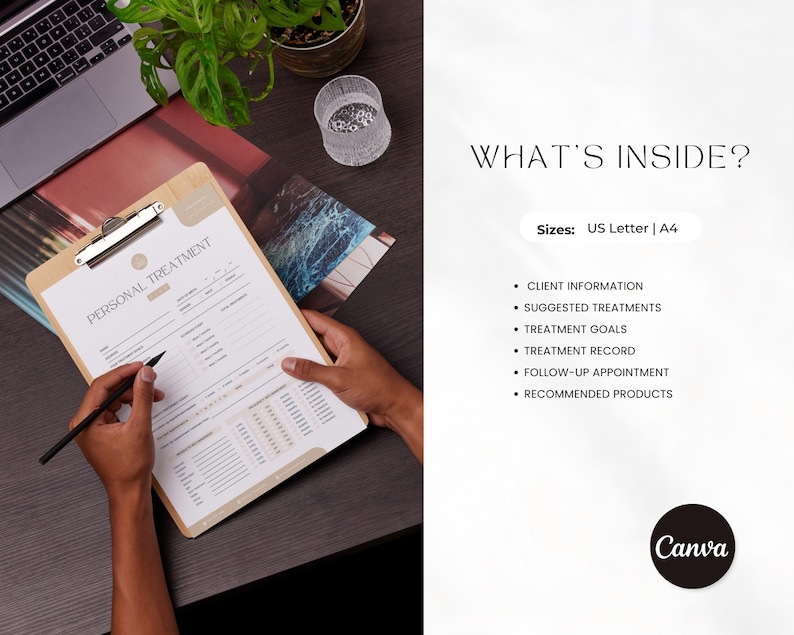 May include: A clipboard with a "Personal Treatment" form on it. The form includes sections for client information, suggested treatments, treatment goals, treatment record, follow-up appointment, and recommended products. The clipboard is on a dark brown surface.