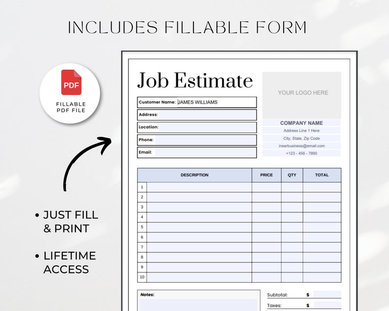 Job Estimate Template, Printable Job Estimate Template PDF, Editable ...