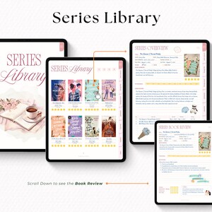 Puede incluir: Pantallas de tabletas digitales con el texto "Series Library" y portadas de libros. Una tableta muestra una descripci&oacute;n general del libro y otra una rese&ntilde;a del libro. La imagen incluye el texto "Scroll Down to see the Book Review".