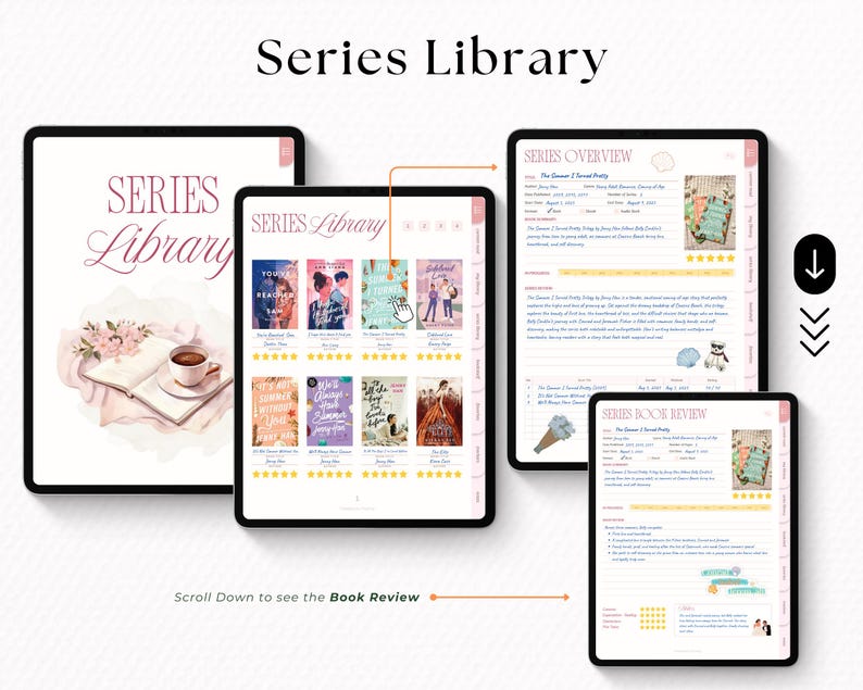 Puede incluir: Pantallas de tabletas digitales con el texto "Series Library" y portadas de libros. Una tableta muestra una descripci&oacute;n general del libro y otra una rese&ntilde;a del libro. La imagen incluye el texto "Scroll Down to see the Book Review".
