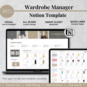 Wardrobe Manager Notion Planner, Notion Template, Notion Dashboard, Organized Outfit Planner, Wardrobe Closet Outfit Planner, Notion