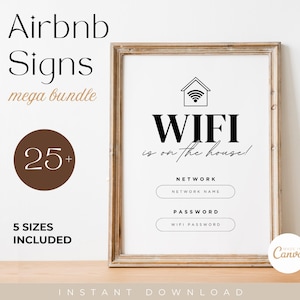 Szablon pakietu znaków Airbnb, oznakowanie Airbnb, znaki dla znaku Wi-Fi do wynajmu domu, powitalna książka Airbnb, lista kontrolna, znaki gospodarza Airbnb