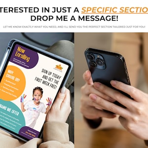 May include: A tablet computer displaying a colorful advertisement for a daycare or preschool. The ad features the text "Now Enrolling", "Why Choose Us?", "Sign Up Today and Get the First Week Free!" and "Programs We Offer". The ad also includes a photo of a young child with colorful paint on their hands.
