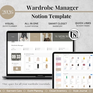 Planer Notion Wardrobe Manager, szablon Notion, panel Notion, zorganizowany planer strojów, planer strojów z szafy, Notion