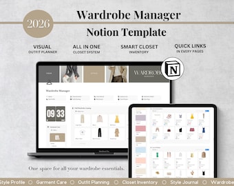 Garderoben-Manager, Notion Planner, Notion Vorlage, Notion Dashboard, Organisierter Outfit Planner, Kleiderschrank Outfit Planer, Notion