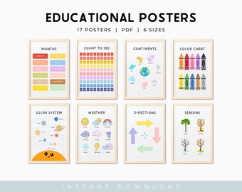 Educational Posters Set of 17, Homeschool Learning Prints & Charts, Montessori Toddler Room Wall Art