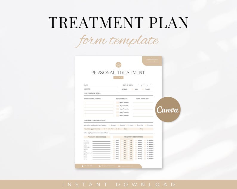 May include: A printable treatment plan form template designed for personal use. The form includes sections for client information, treatment details, product recommendations, and frequency recommendations. The template is designed in a minimalist style with a white background and black text.