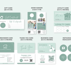 May include: A set of printable marketing materials for a cleaning company. The set includes a gift card, door hanger, loyalty card, reminder card, thank you card, business card, and Instagram highlights. The cards are all in a light green color scheme with a house icon and the text "Cleaning Company".