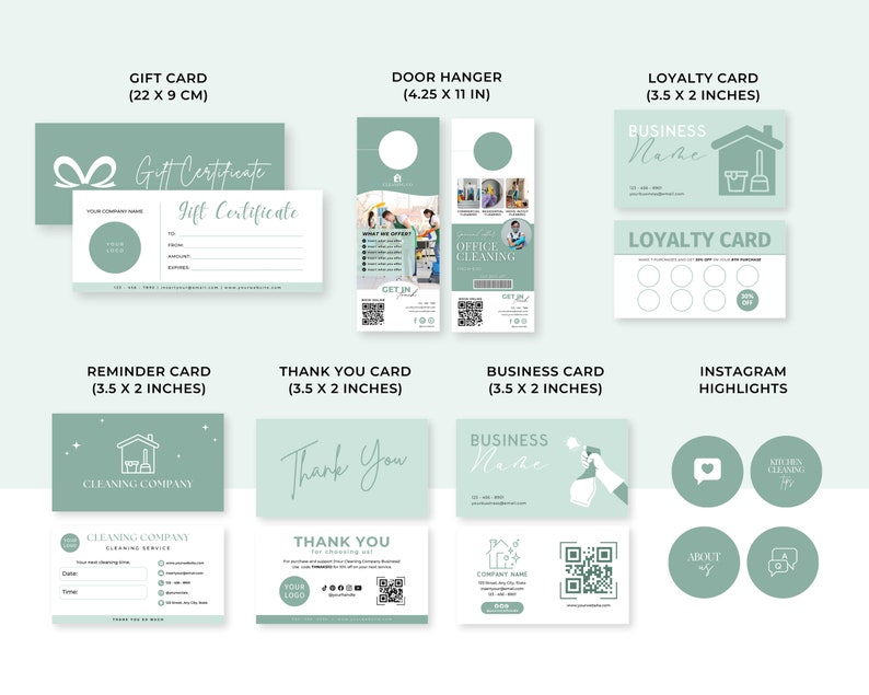 May include: A set of printable marketing materials for a cleaning company. The set includes a gift card, door hanger, loyalty card, reminder card, thank you card, business card, and Instagram highlights. The cards are all in a light green color scheme with a house icon and the text "Cleaning Company".